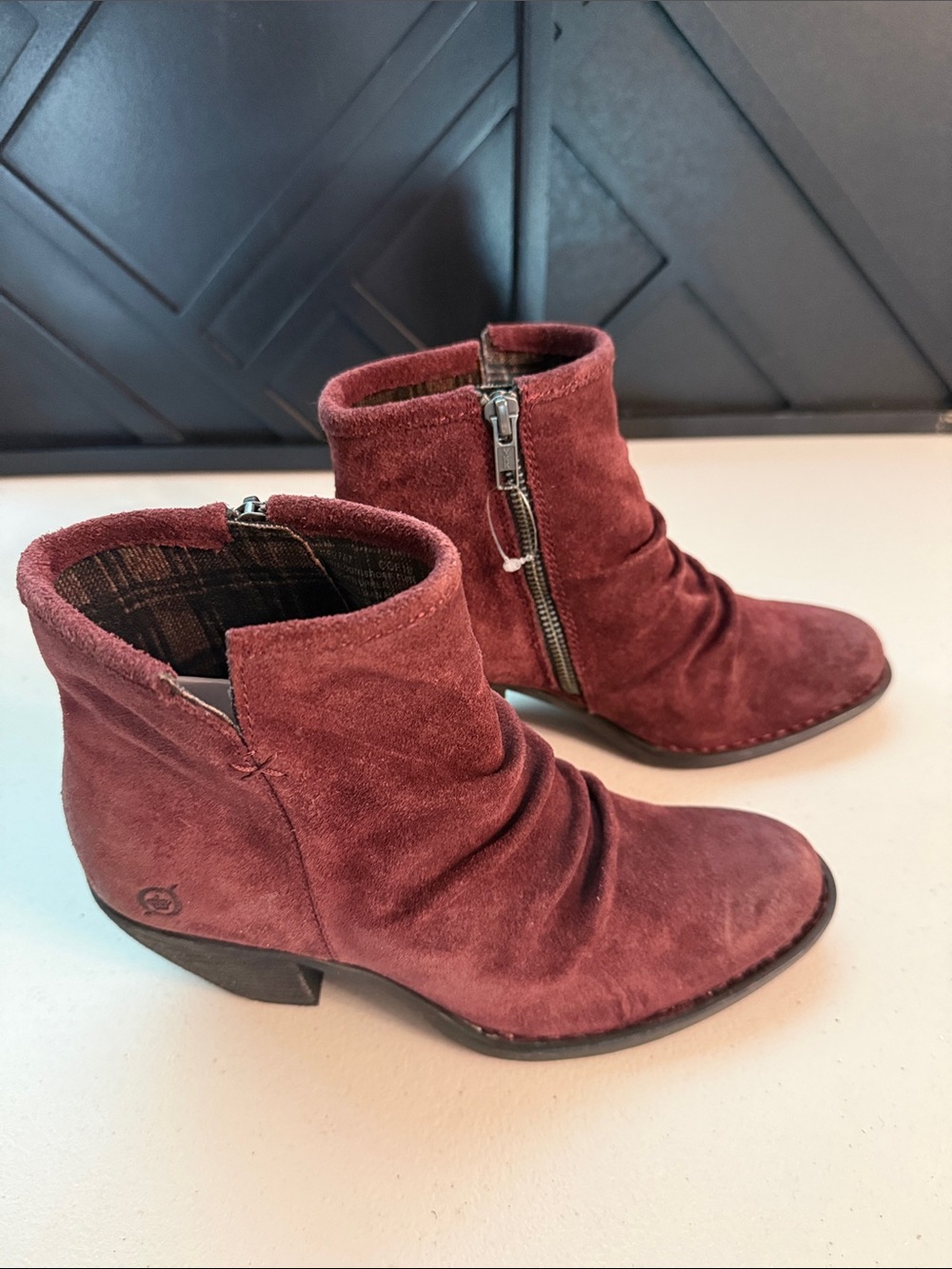Born Burgundy Suede Slouch Ankle Boots with Side Zip size 7